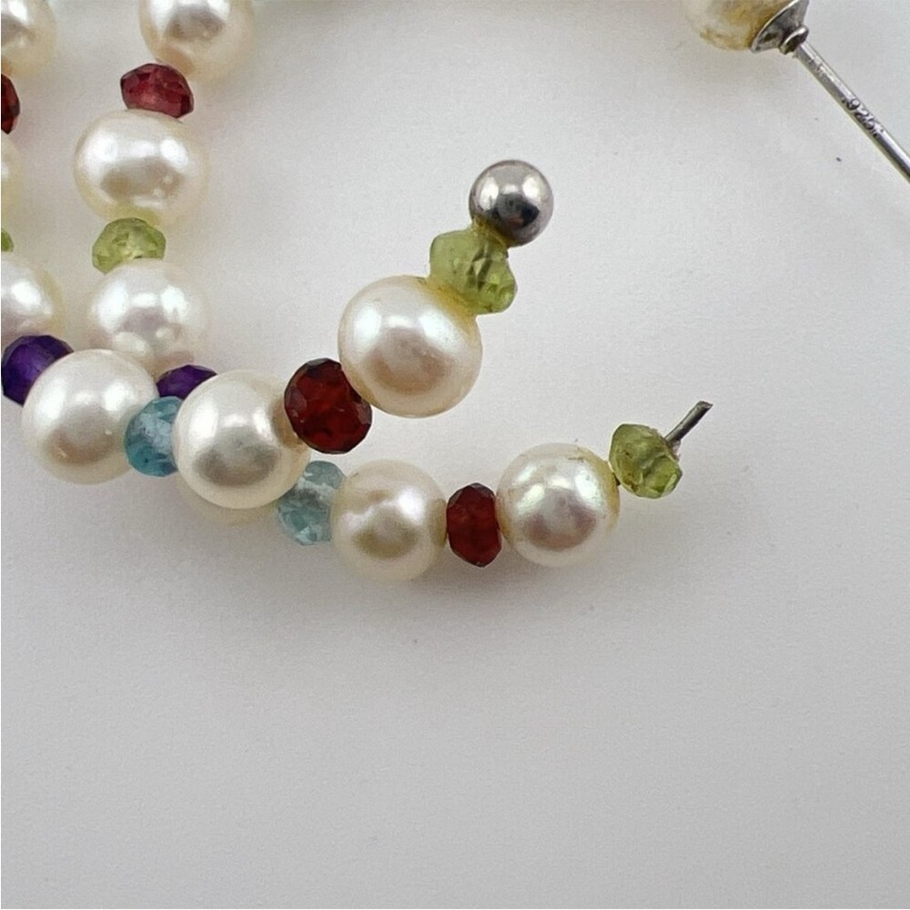 Honora “As Is” White Pearl & Multi-Gemstone 1-1/4” Hoop Earrings - Picture 9 of 14